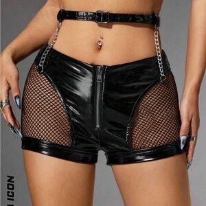 SHEIN PU Leather Shorts with Fishnet Cut Out and Belt